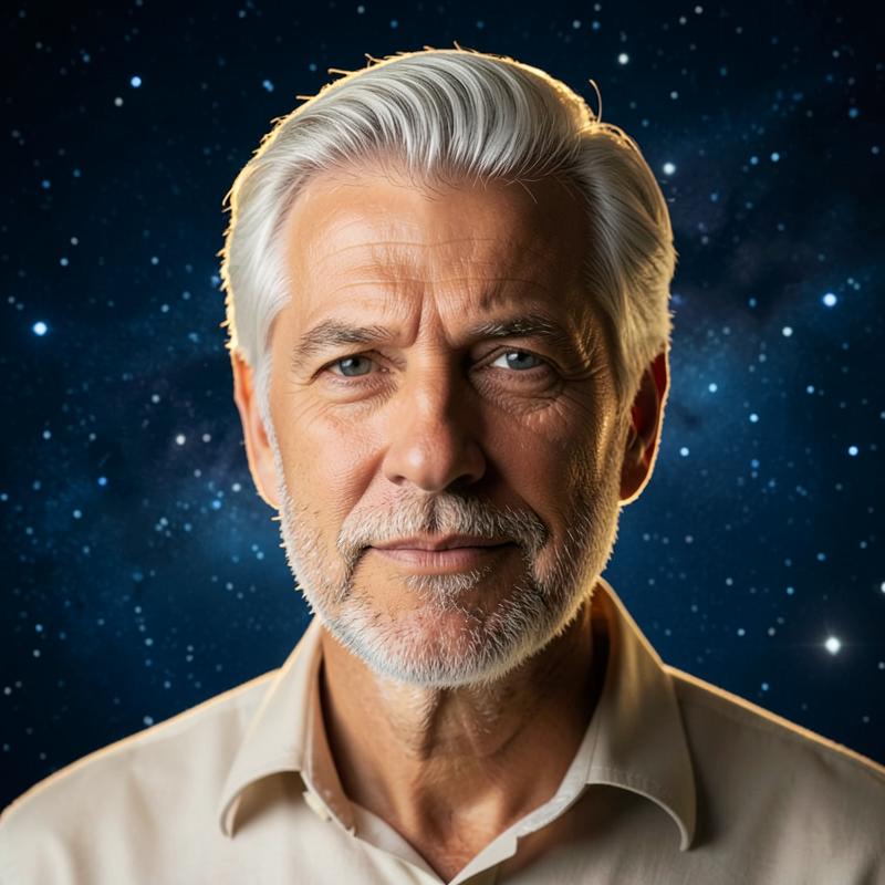 Julian, the intuitive reader behind The Seer of Truths, photographed against a starlit background
